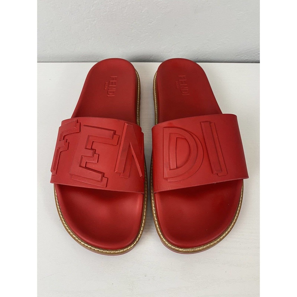 Fendi Red Rubber Pool Slide Sandals Size 10 Made in Italy VGUC